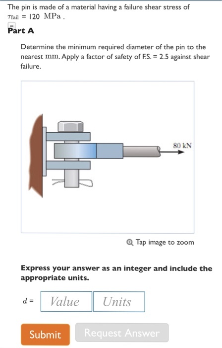 The pin is made of a material having a failure shear stress of Ttail 120 MPa Part A Determine the minimum required diameter of the pin to the nearest mm. Apply a factor of safety of FS 2.5 against shear failure. 80 KN Tap image to zoom Express your answer as an integer and include the appropriate units d= Value ! Units SubmitRequest Answer