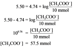 5.50 4.74lo[CH,COO]
10 mmol
5.50-4.74 log[CH,COO]
10 mmol
100.76CH,COO]
10 mmol
[CH,COO 57.5 mmol

