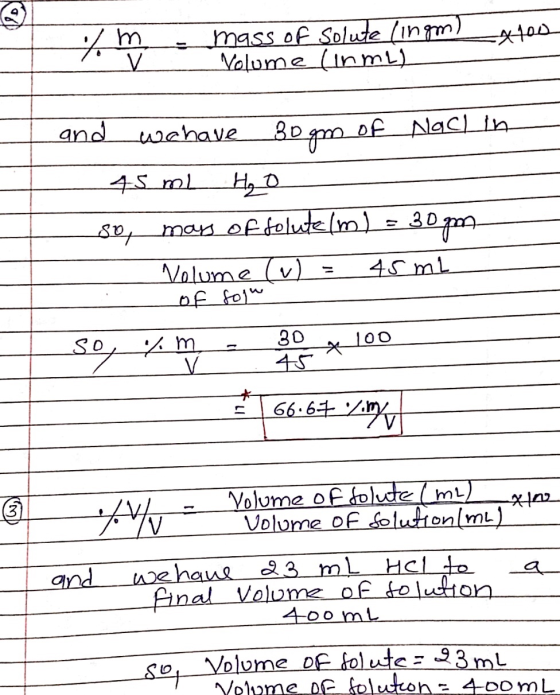 tam- To v mass of Solute lingmates Volume (inmiy and wo have 30m of Nach in 45 ml H₂O so mays of folutelm) - 30pm 45 ml Volum