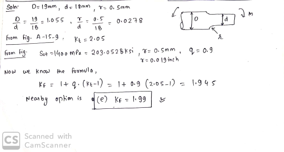 Soln: D=19mm de 18mm r= 0.5mm am 1.055 7 0.5 0 19 18 0.0278 I d d d 18 from fig. A-15-9 Kt=2.05 from fig. r=0.5mm q=0.9 1 Now