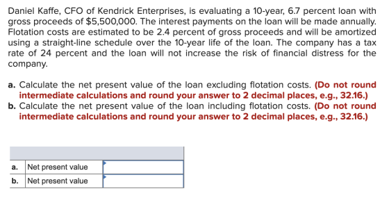 Daniel Kaffe, CFO of Kendrick Enterprises, is evaluating a 10-year, 6.7 percent loan with gross proceeds of $5,500,000. The i
