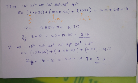 IS2 262 2p 3s 3p 3d 452 Ti 6=(Ix0.35)+ (tox o. 85) + Croxi) 0.35+ 2.5+ 1D Cn-25 (n-i9 S8.8 3. 15 8.85+ 10 = 22-18-2S = Z= ff