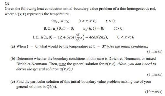 Q2 Given the following heat conduction initial-boundary value problem of a thin homogeneous rod, where u(x,t) represents the