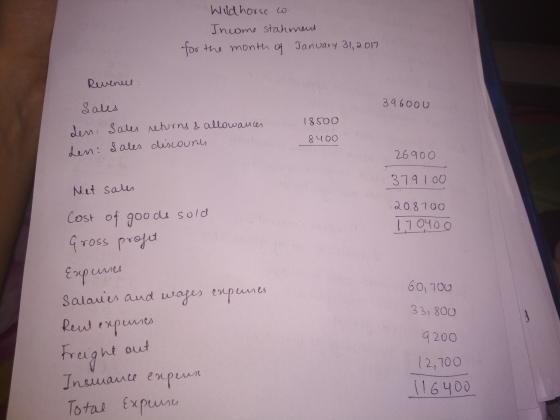Wild horse o. Income statement for the month of January 31, 2017 Revenul: 3960ou 18500 Sales den: Sales returns & allowances