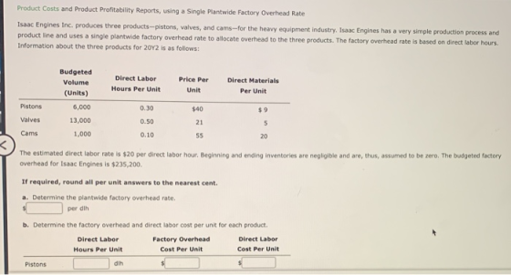 Product Costs and Product Profitability Reports, using a Single Plantwide Factory Overhead Rate Isaac Engines Inc. produces t