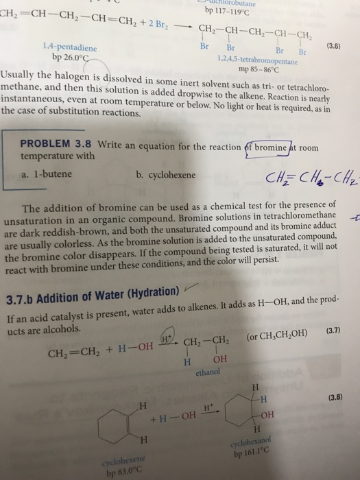 Juichlorobutane bp 117-119°C CH=CH-CH2 -CH=CH2 + 2 Br2 - CH ---CH-CH2-CH-CH, Br Br Br Br 1.4-pentadiene 1.2.4.5-tetrabromopen