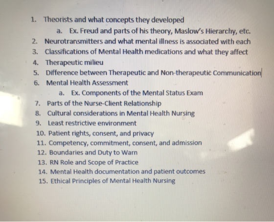 1. Theorists and what concepts they developed a. Ex. Freud and parts of his theory, Maslows Hierarchy, etc. 2. Neurotransmit