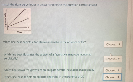 match the right curve letter in answer choices to the question correct answer Log no. of cells K Time which line best depicts