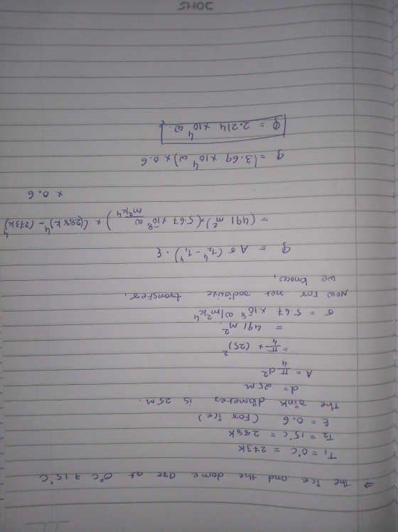 & a oc a isc The ice e and and the the dome dome are are at at Ti = oc = 273K T2 = 15 c = 288k &= 0.6 (For ire) The dink dia