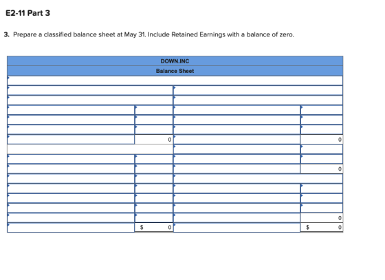 E2-11 Part 3 3. Prepare a classified balance sheet at May 31. Include Retained Earnings with a balance of zero. DOWN.INC Bala