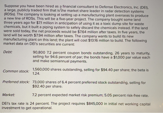 Suppose you have been hired as a financial consultant to Defense Electronics, Inc. (DEI). a large, publicly traded firm that