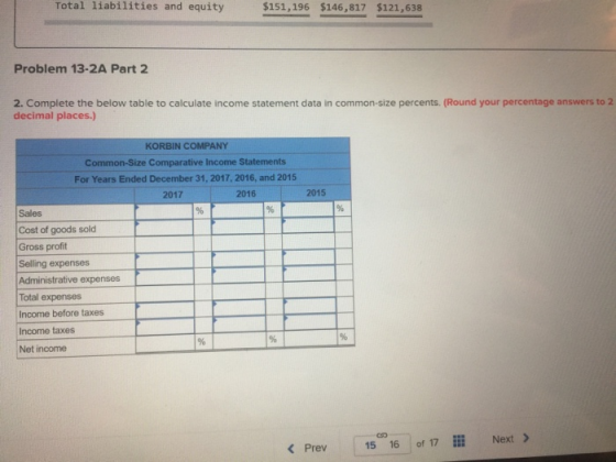 Total liabilities and equity $151,196 $146,817 $121,638 Problem 13-2A Part 2 2. Complete the below table to calculate income
