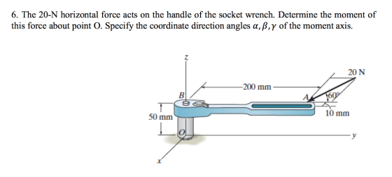 6. The 20-N horizontal force acts on the handle of the socket wrench. Determine the moment of this force about point O. Specify the coordinate direction angles ?, ?, ? of the moment axis. 20 N 200 mm A 60). 10 mm 50 mm
