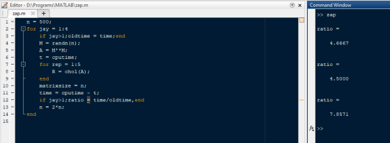 Editor DAPrograms MATLAB zap.m Command Window > zap n 500; for jay-1 : 4 ratio - if jay>l:oldtime time:end M = randn (n) ; 4·