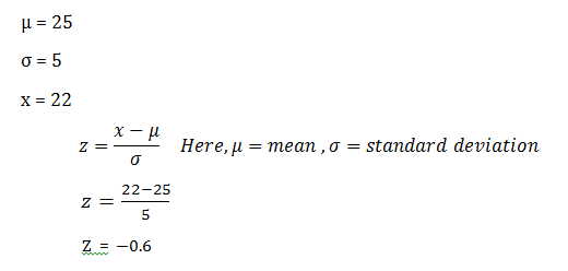 = 25 0=5 x = 22 z=- Here, j = mean ,0 = standard deviation Z=-0.6