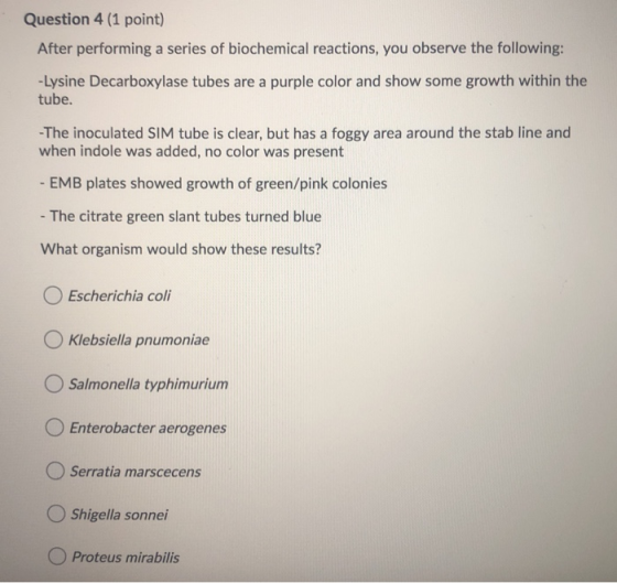 Question 4 (1 point) After performing a series of biochemical reactions, you observe the following: -Lysine Decarboxylase tub