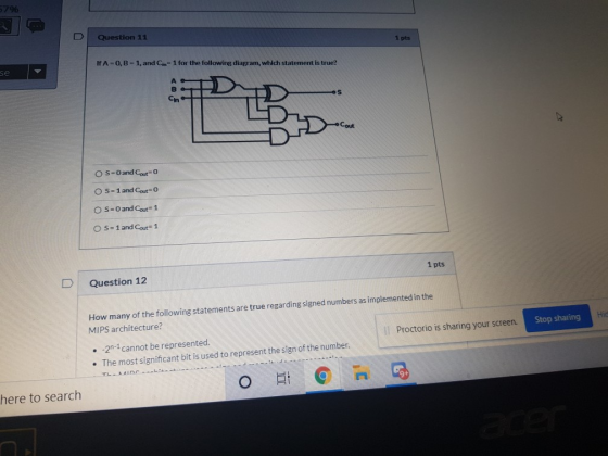 796 Question 11 1 pts IfA=0,B-1, and Con=1 for the following diagram, which statement is true? se Cin •Cout OS-O and Cout=0 O