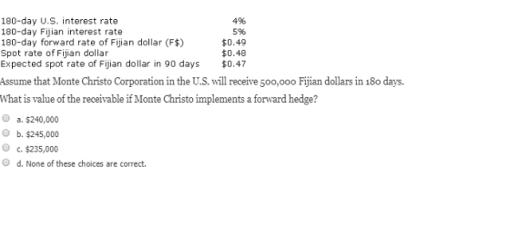 180-day U.S. interest rate 180-day Fijian interest rate 180-day forward rate of Fijian dollar (F$) Spot rate of Fijian dollar