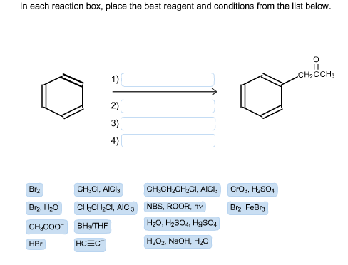 In each reaction box, place the best reagent and conditions from the list below. CH2CCH3 2) 3) 4) Br2 CHCI, AICI3 CH43 Br, H2