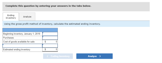 Complete this question by entering your answers in the tabs below. Ending Inventory Analyze Using the gross profit method of