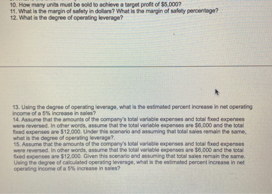 10. How many units must be sold to achieve a target profit of $5,000? 11. What is the margin of safety in dollars? What is th