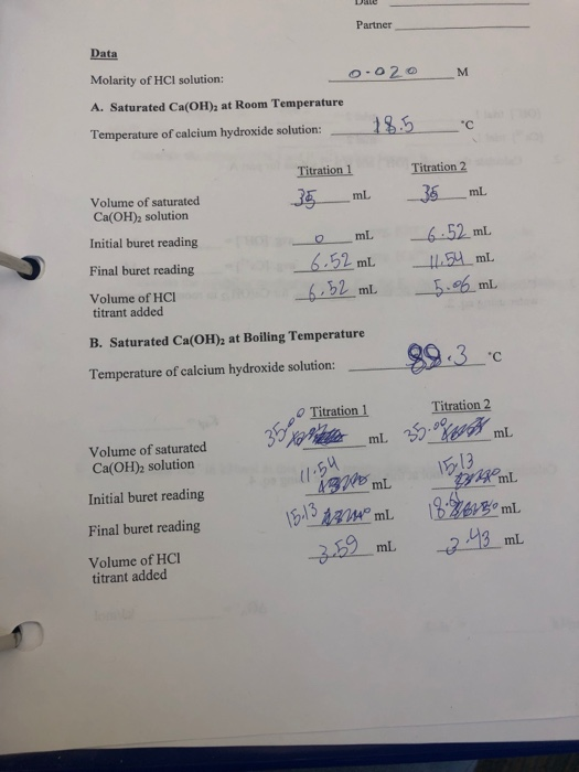 Partner Data Molarity of HCI solution: A. Saturated Ca(OH) at Room Temperature Temperature of calcium hydroside solution:1.5