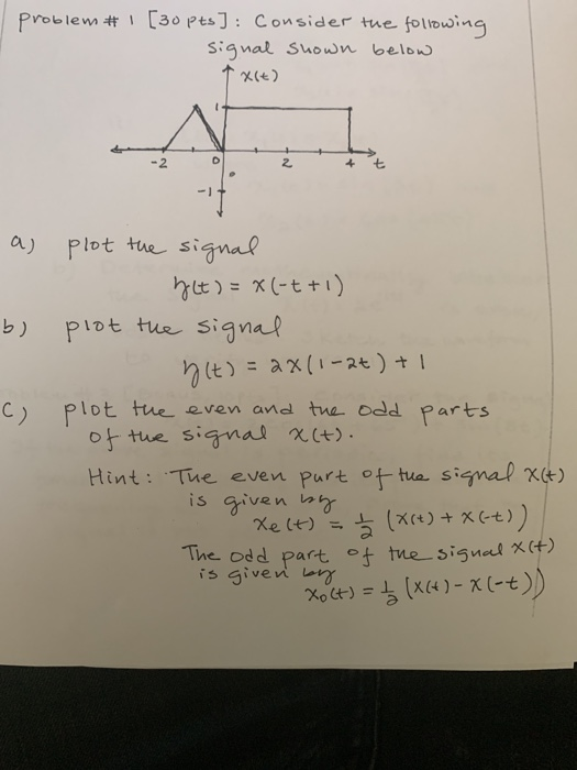 problem # 1 [30pts]: Consider the following signal shown below 7x6t) as b) C plot the signal ylt ) = xl-t+1) plot the signal