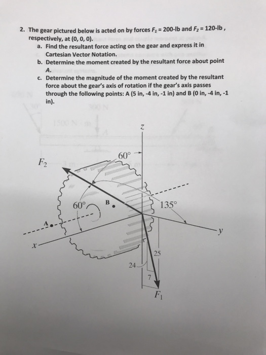 2. The gear pictured below is acted on by forces F, 200-lb and F2 120-lb, respectively, at (0, 0, 0). a. Find the resultant force acting on the gear and express it in b. Determine the moment created by the resultant force about point c. Determine the magnitude of the moment created by the resultant Cartesian Vector Notation. A. force about the gears axis of rotation if the gears axis passes through the following points: A (5 in, -4 in, -1 in) and B (0 in, -4 in, -1 in). 60 F2 135° 25 Fl