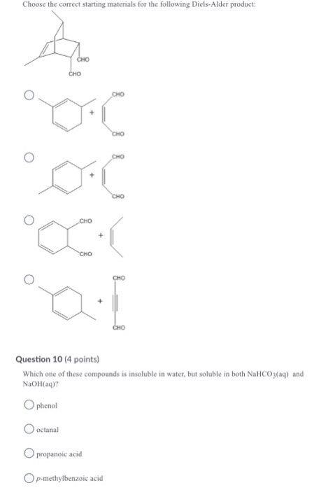 Choose the correct starting materials for the following Diels-Alder product: A CHO CHO CHO CHO CHO Doc CHO CHO CHO CHO 2.1 CH