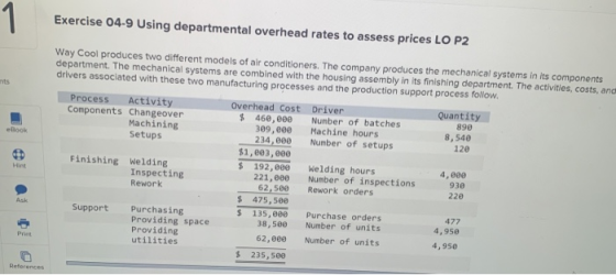 Exercise 04-9 Using departmental overhead rates to assess prices LO P2 Way Cool produces two different models of air conditio