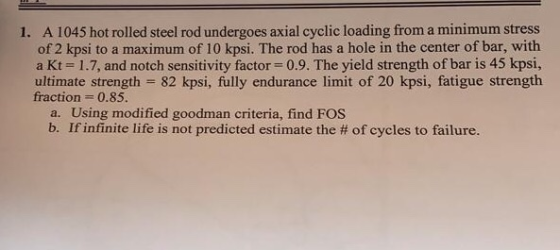 A 1045 hot rolled steel rod undergoes axial cyclic loading from a minimum stress of 2 kpsi to a maximum of 10 kpsi. The rod h