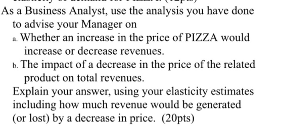 As a Business Analyst, use the analysis you have done to advise your Manager on a. Whether an increase in the price of PIZZA