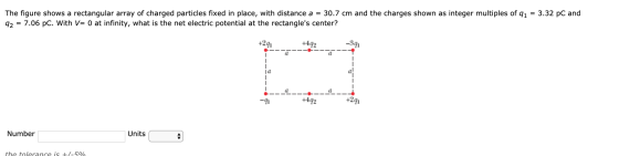 The figure shows a rectangular array of charged particles fixed in place, with distance a = 30.7 cm and the charges shown as