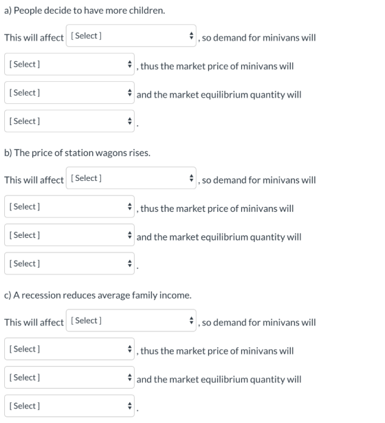 a) People decide to have more children. This will affect [Select] , so demand for minivans will [ Select] ^ , thus the market