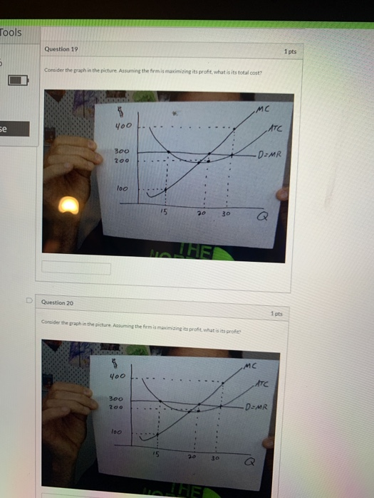 Tools Question 19 1 pts Consider the graph in the picture. Assuming the form is maximizing its profit, what is its total cost