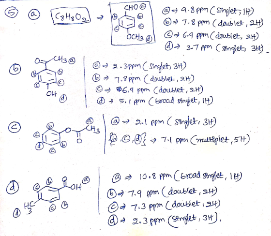 T CHO @ @ 9.8ppm (singlet, 14) (C₂ H₂O el lot - 7.8 ppm ( doublet, 9H) OCH3 al ②) 69 ppm (doublet, at > 3.7 ppm (Singlets 36)