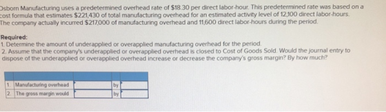 Dsborn Manufacturing uses a predetermined overhead rate of $18.30 per direct labor-hour. This predetermined rate was based on