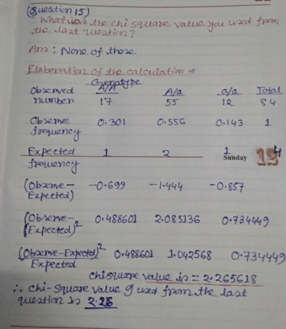Observed Cenotype 12 I guestion 15 ) - What was the chisquare value you used from the laat U ation? ins: None of those Elabor