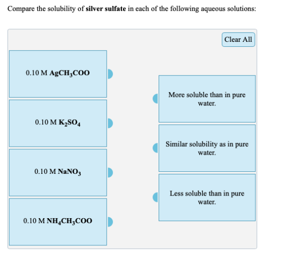 Compare the solubility of silver sulfate in each of the following aqueous solutions: Clear All 0.10 M AgCH,COO More soluble t
