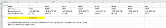 -C2+1 Years Cash floYs Discounting factor Discounted cash tlows E2+1 u000 1/(1+10%)AF2 -F3 F4 -H2+1 UUCO 1/(1+10%)^12 -13 14 D2+1 F2+1 G2+1 ODU0 1/(1+10%)AH2 -H3 H4 =12+1 10000 10DDU 10ODU 1/1+10%)AC2 -C3*C4 1/(1+10%)AD2 -D3 D4 1/(1+10%ME2 -E3 E4 1/ 1 +1096MG2 -G3 G4 1/ 1+10%)^12 t value -SUM(C5: Since present value of the offer turns out to $53,349 which is more than what the co. wishes to pay now i.e. $52,000 Hence, we should not accept this offer 10