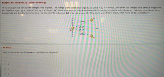 Chapter 18, Problem 21 (Vector Drawing) The drawing shows three point charges fixed in place. The charge at the coordinate origin has a value of qi . +8.00 μC; the other two charges have identical magnitudes, but opposite signs: q2--5.00 μC and q3 . +5.00 uc a Draw the free-body diagram showing the forces that act on the point charge qi b) Determine the net force (magnitude and direction) exerted an q by the other two charges. (c) If , had a mass of 1.50 g and it were free to move, what would be its acceleration? 12 25.0 1.30 3 Step How many forces should appear in the free-body diagram?