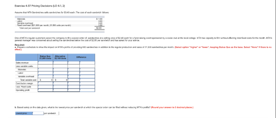 Exercise 4-37 Pricing Decisions (LO 4-1, 2) Assume that MTA Sandwiches sells sandwiches for $3.40 each. The cost of each sand