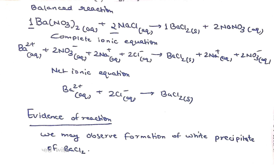 Balanced reaction I Ba(NO3)2 cont a nadh as 1 Ballzis, + 2NaNO3 (ar) complete ionic equation Be 2+ + 2NO +2Na +201 con Ball(s