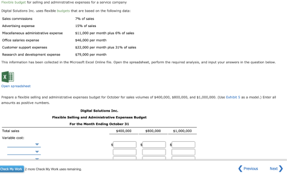 Flexible budget for selling and administrative expenses for a service company Digital Solutions Inc. uses flexible budgets th