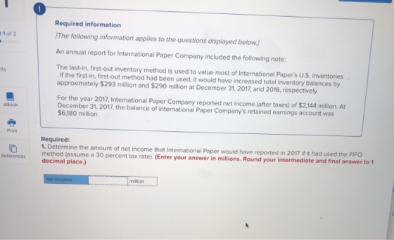 Required information The following information applies to the questions displayed below) 1 of 3 An annual report for Internat