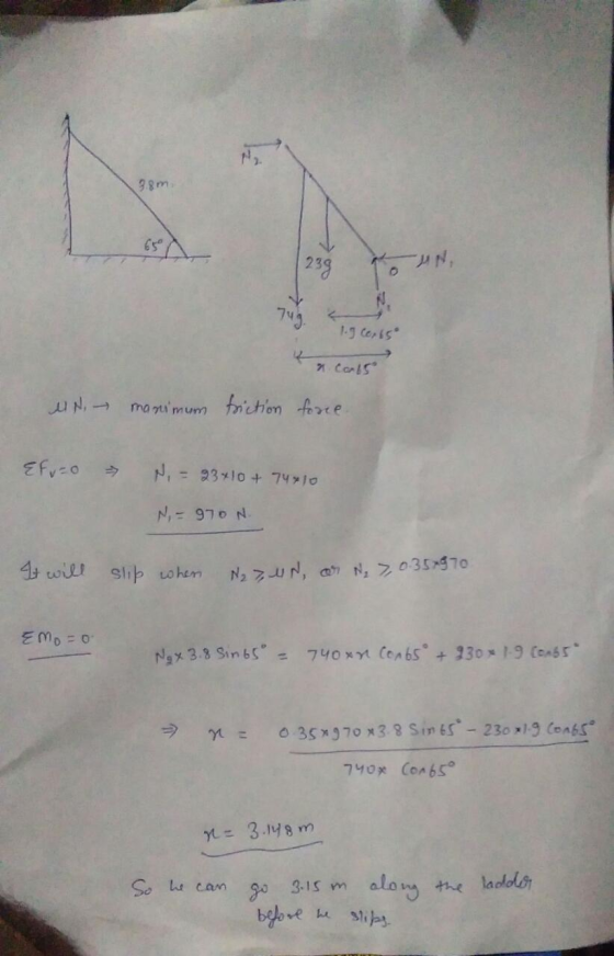 9.8m 65 A | 239 74g. 1.9 Cossº a Carls UN, manimum friction force Efuzo N = 93+10 + 7410 N=970 N. It will slip when N27, UN,
