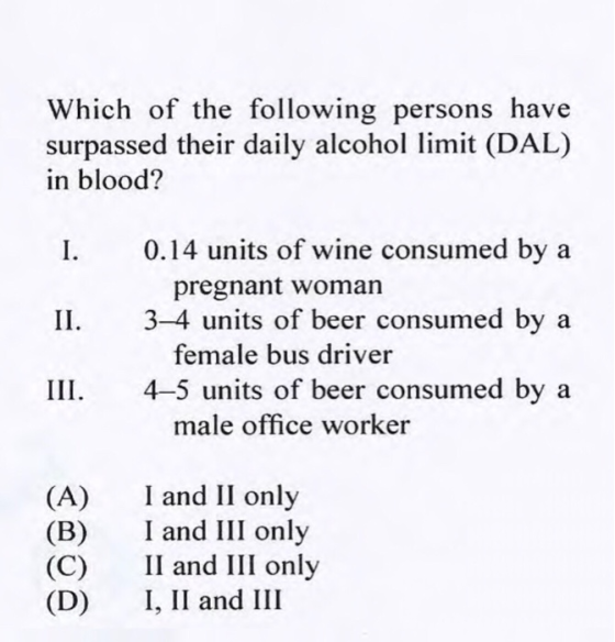 Which of the following persons have surpassed their daily alcohol limit (DAL) in blood? 0.14 units of wine consumed by I preg