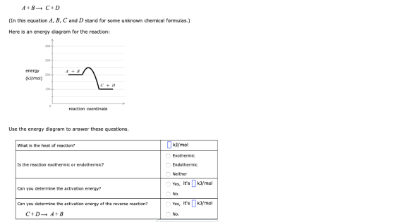 A+B + C+D (In this equation A, B, C and D stand for some unknown chemical formulas.) Here is an energy diagram for the reacti