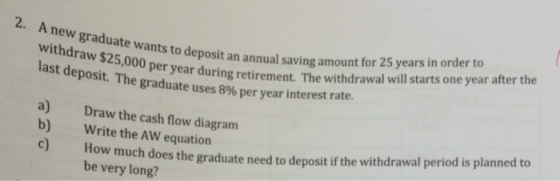 2. A ne deposit an annual saving amount for 25 years in order to r during retirement. The withdrawal will starts one year after the w graduate wants to withdraw $25,000 per year retin last deposit. The graduate uses 8% per year interest rate. a) Draw the cash flow diagram How much does the graduate need to deposit if the withdrawal period is planned to be very long? b) Write the AW equation