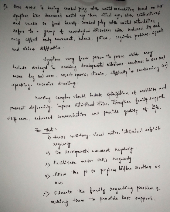 Here 4M.s is kaving Cere bral paley wih Mntl aetardatton based on her mptans ike decreased Mental and han aetual wtth contraz